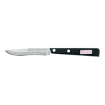 Das Güde Universalmesser 10 cm von Güde hat eine kleine gezackte Klinge und einen schwarz-weißen Griff mit zwei Metallnieten.