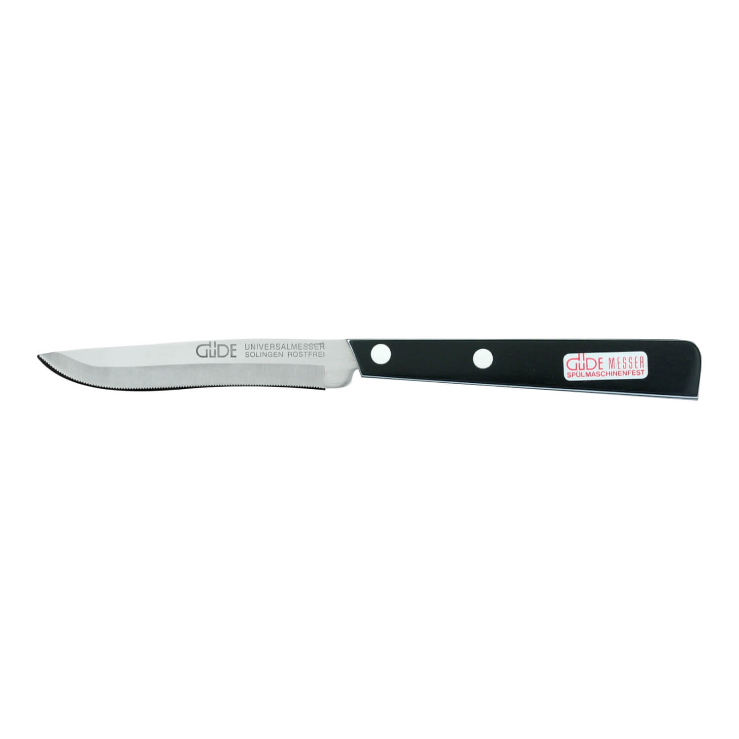 Das Güde Universalmesser 10 cm von Güde hat eine kleine gezackte Klinge und einen schwarz-weißen Griff mit zwei Metallnieten.