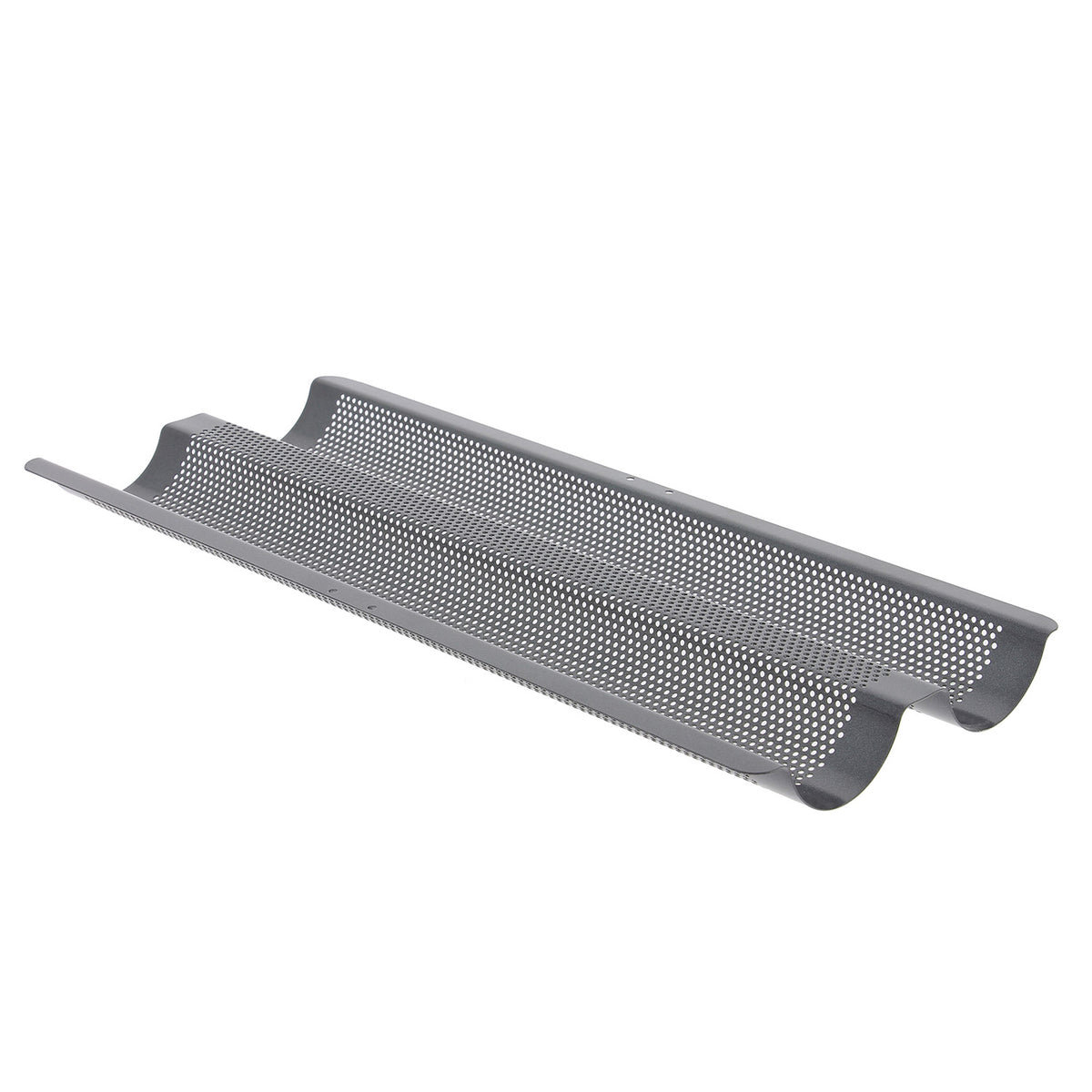 Das De Buyer Baguette Backblech doppelt, perforiert ist ein Metallblech mit zwei gebogenen Schlitzen und Perforationen, ideal zum Backen von Baguettes.