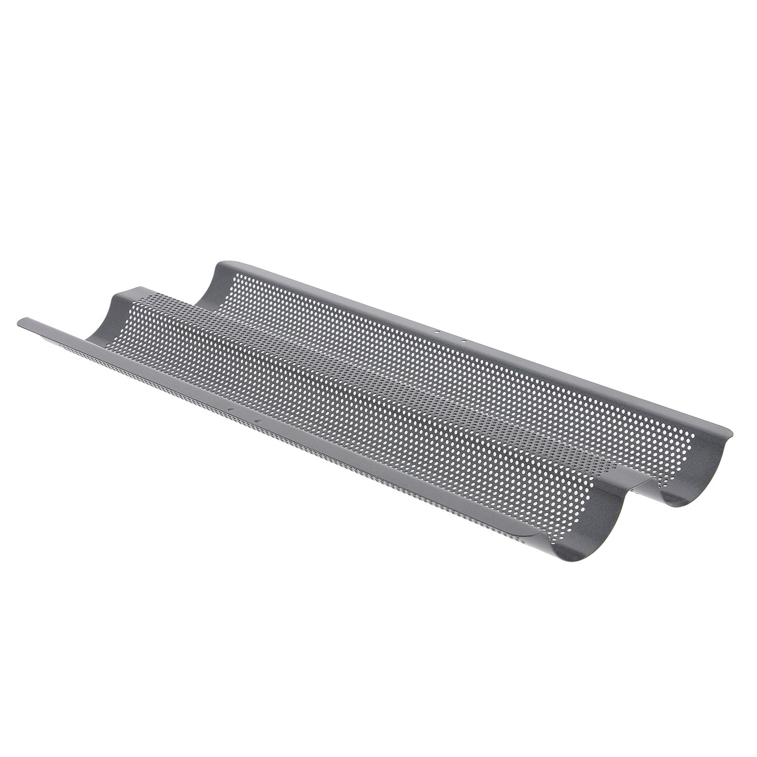 Das De Buyer Baguette Backblech doppelt, perforiert ist ein Metallblech mit zwei gebogenen Schlitzen und Perforationen, ideal zum Backen von Baguettes.