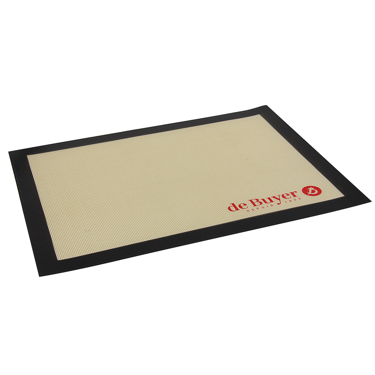 De Buyer Backmatte aus Silikon, 40 x 30 cm, rechteckig mit schwarzem Rand und De Buyer Logo unten rechts.