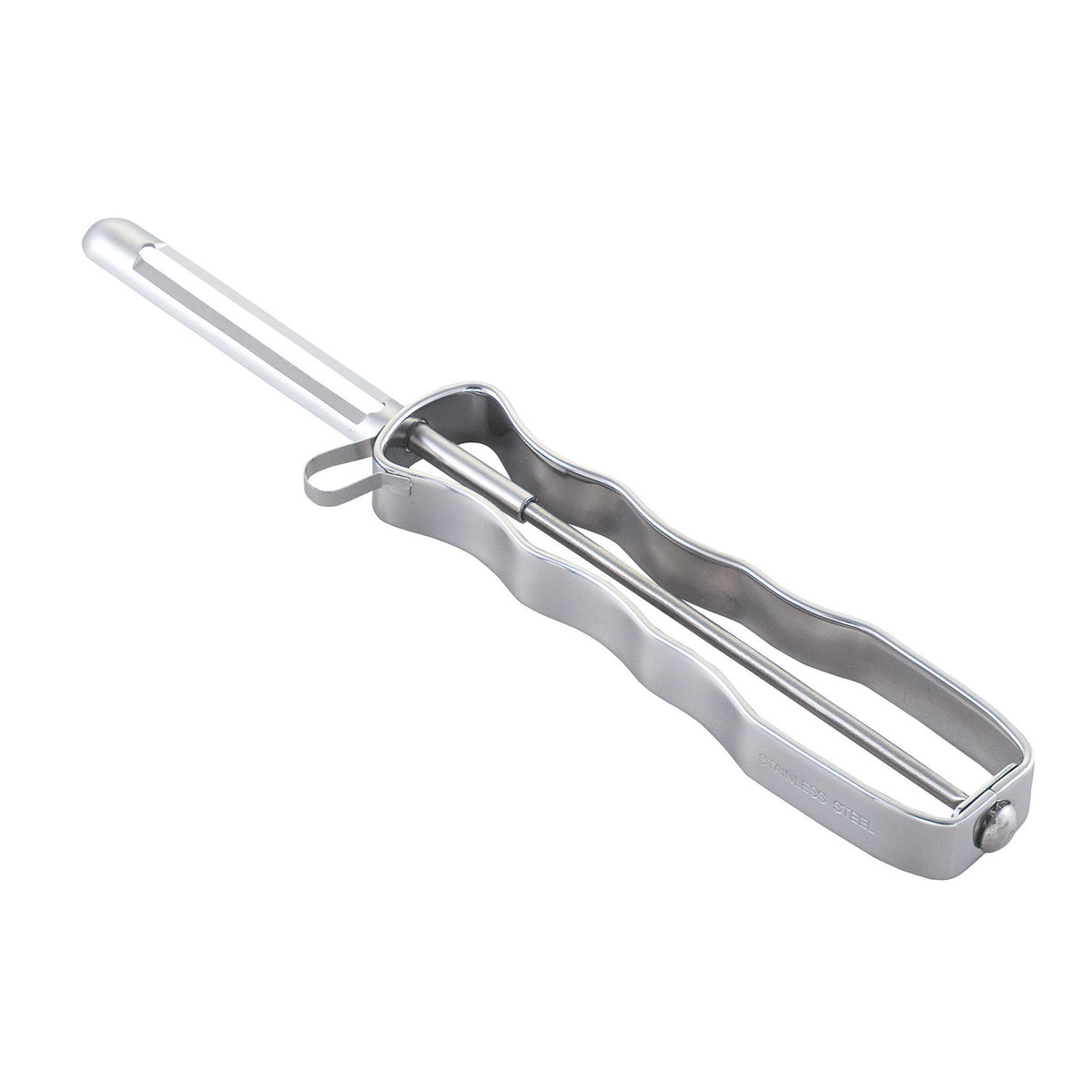Der KAI I-Sparschäler Select 100 aus Edelstahl von Kai hat einen ergonomischen Griff und ist auf weißem Grund abgebildet.