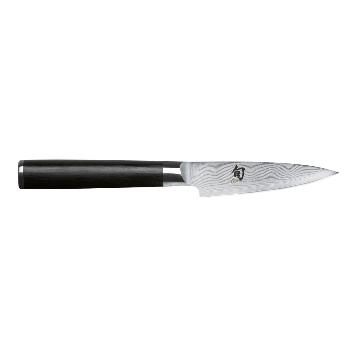 Das Kai Shun Classic Officemesser 9,0 cm ist ein Schälmesser im japanischen Stil mit dunklem Griff und einer scharfen, gemusterten Klinge aus rostfreiem Stahl.