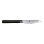 Das Kai Shun Classic Officemesser 9,0 cm ist ein Schälmesser im japanischen Stil mit dunklem Griff und einer scharfen, gemusterten Klinge aus rostfreiem Stahl.
