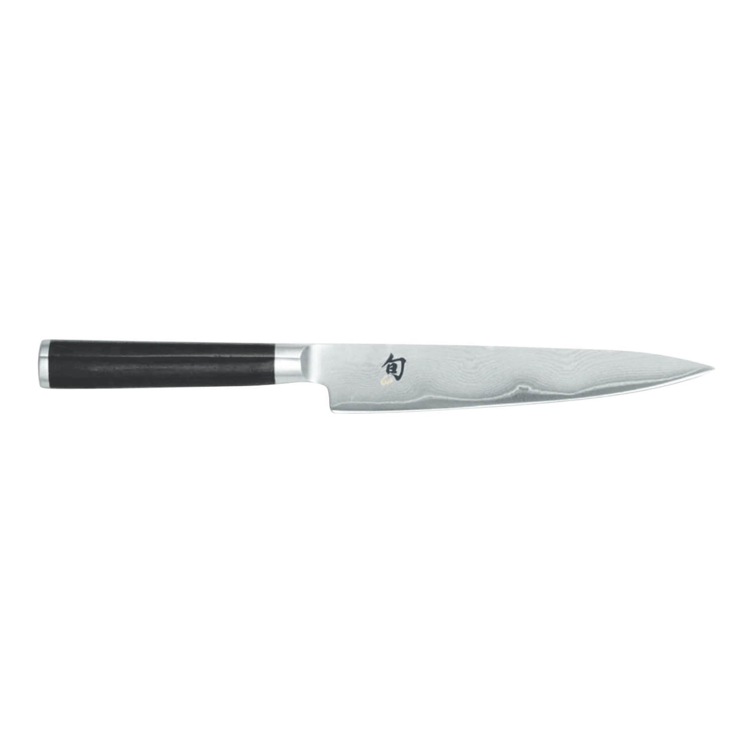 Das KAI Shun Classic Allzweckmesser 15,0 cm von Kai zeichnet sich durch ein japanisches Design mit schwarzem Griff und silberner Klinge auf weißem Grund aus.