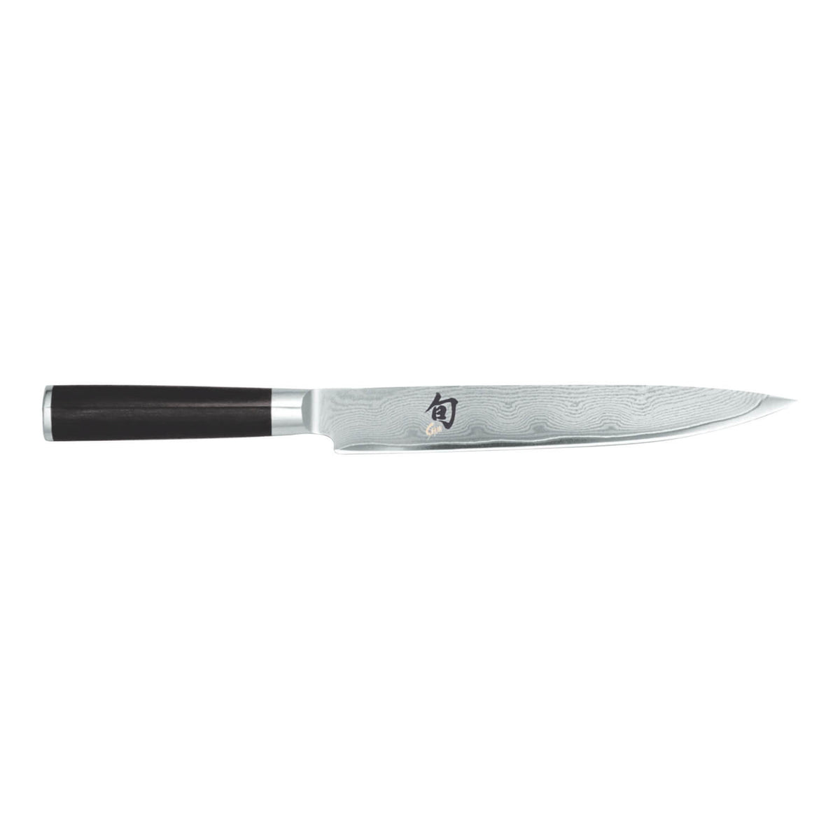 Das KAI Shun Classic Schinkenmesser 23,0 cm von Kai hat einen schwarzen Griff und eine silberne Klinge mit einem markanten, gewellten Damastmuster.