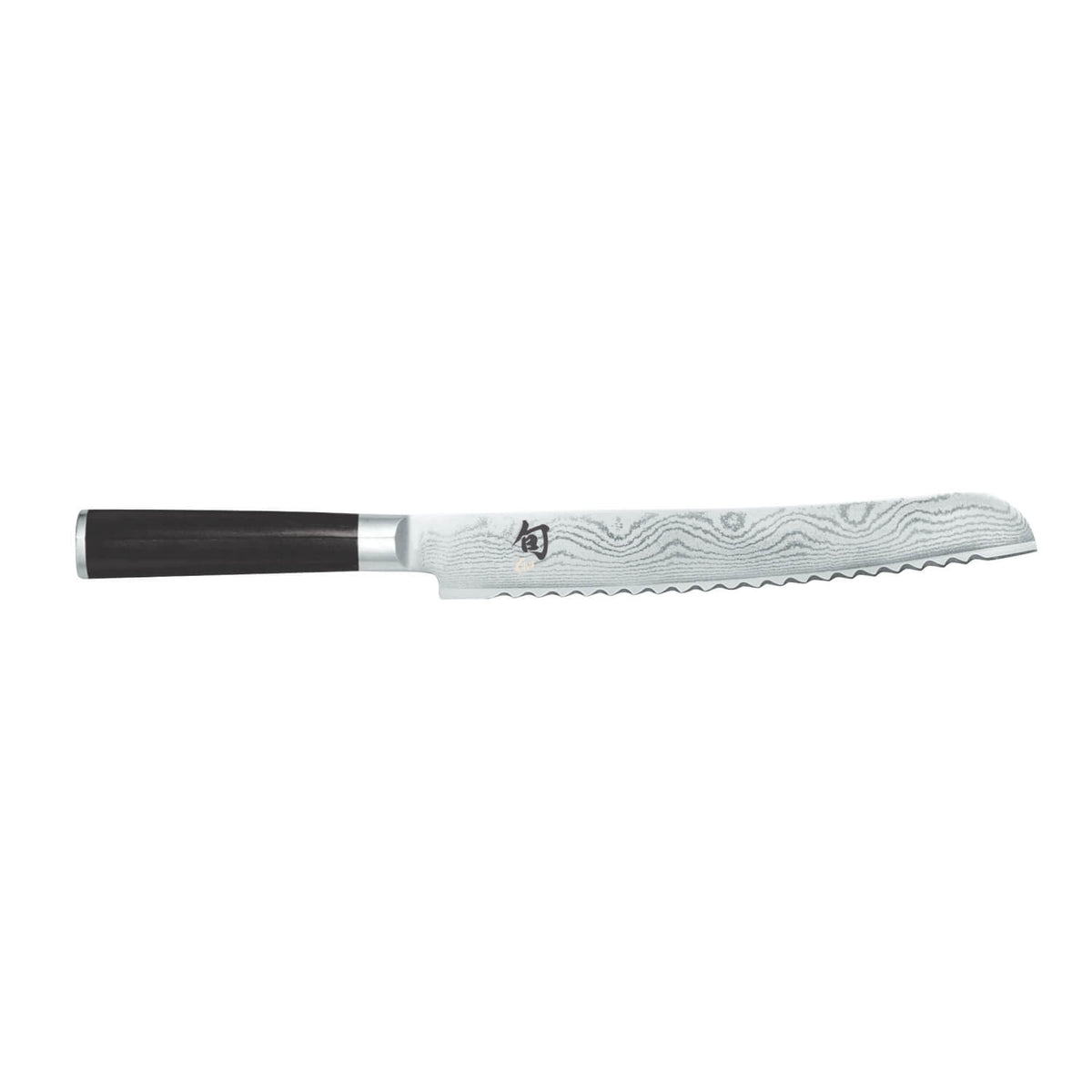 Das KAI Shun Classic Brotmesser 23,0 cm von Kai zeichnet sich durch eine gezackte, gemusterte, silberne Klinge und einen dunklen Griff aus, der auf einem weißen Hintergrund abgebildet ist.