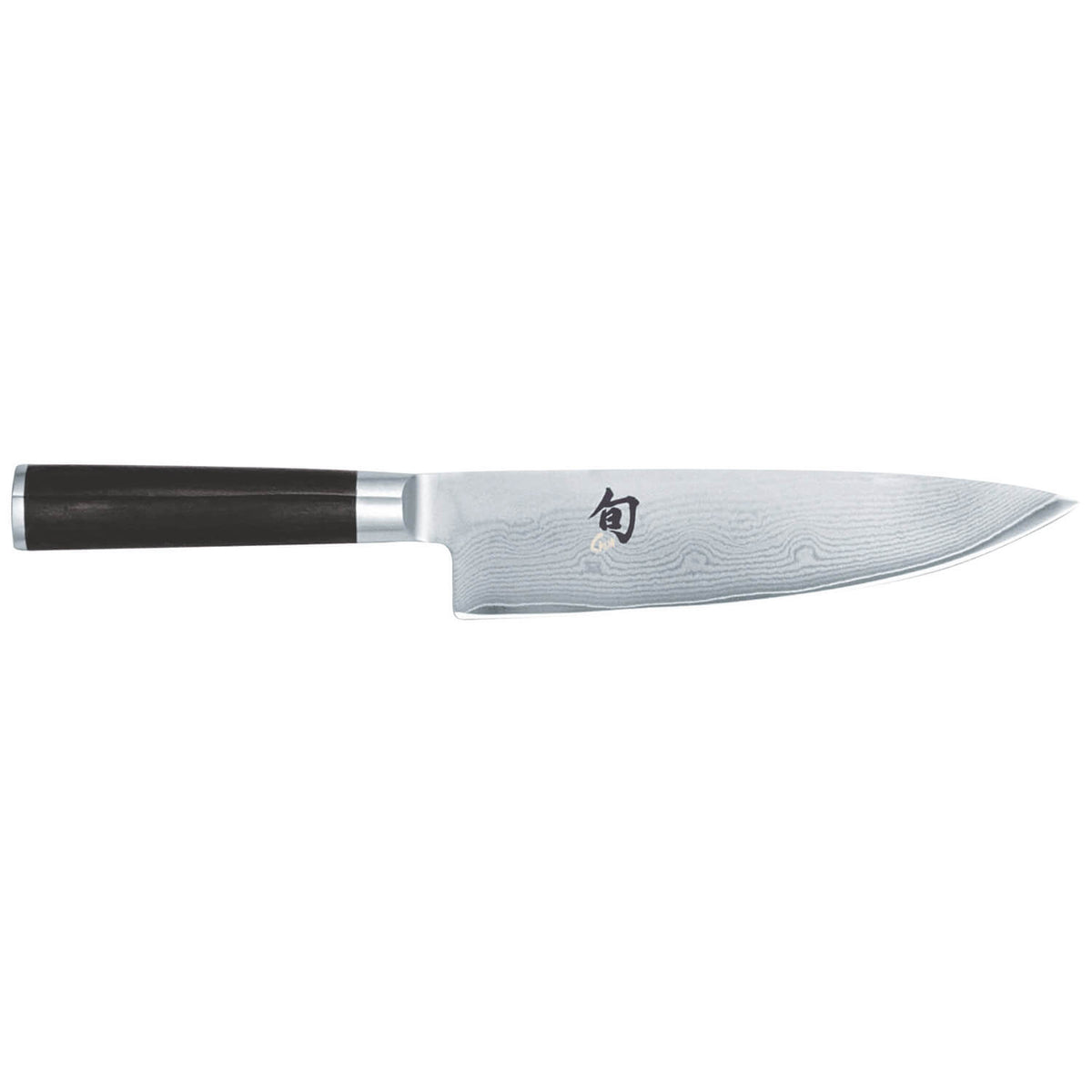 Das KAI Shun Classic Kochmesser 20,0 cm von Kai zeichnet sich durch einen dunklen Griff und eine gemusterte silberne Klinge aus, die auf einem weißen Hintergrund dargestellt ist.