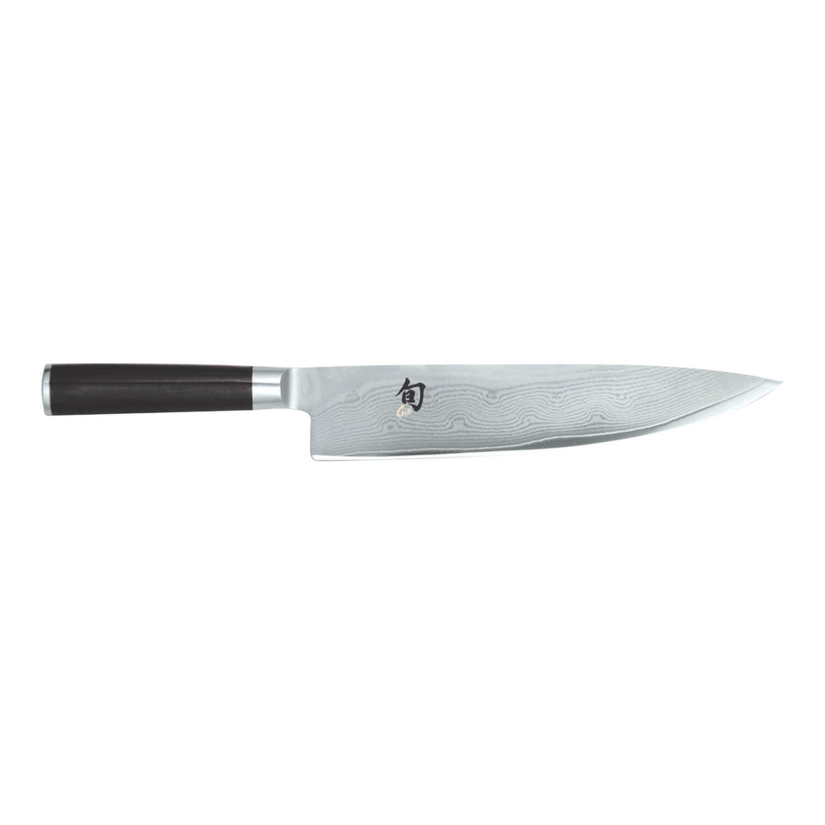 Das Kai Shun Classic Kochmesser 25,5 cm hat einen dunklen Griff und eine gemusterte Klinge aus rostfreiem Stahl, die auf einem weißen Hintergrund abgebildet ist.