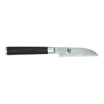 Das KAI Shun Classic Gemüsemesser 9,0 cm von Kai ist ein kleines Kochmesser mit schwarzem Griff und silberner Klinge, die ein japanisches Schriftzeichen auf der Klinge aufweist.