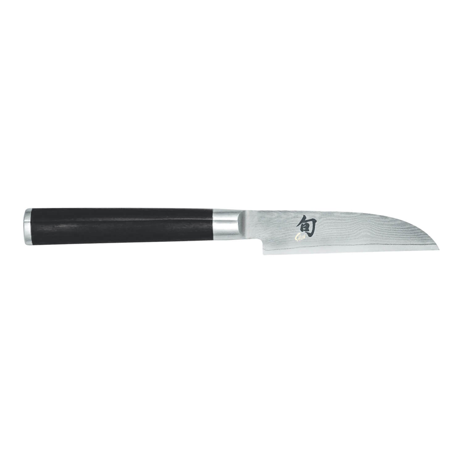 Das KAI Shun Classic Gemüsemesser 9,0 cm von Kai ist ein kleines Kochmesser mit schwarzem Griff und silberner Klinge, die ein japanisches Schriftzeichen auf der Klinge aufweist.