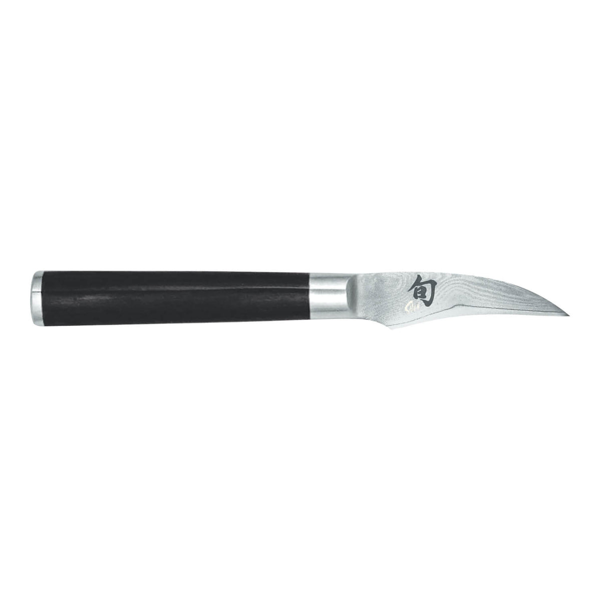 Das Kai Shun Classic Schälmesser 6,0 cm hat einen dunklen Griff und eine kurze, gebogene Klinge aus rostfreiem Stahl, die auf weißem Hintergrund abgebildet ist.