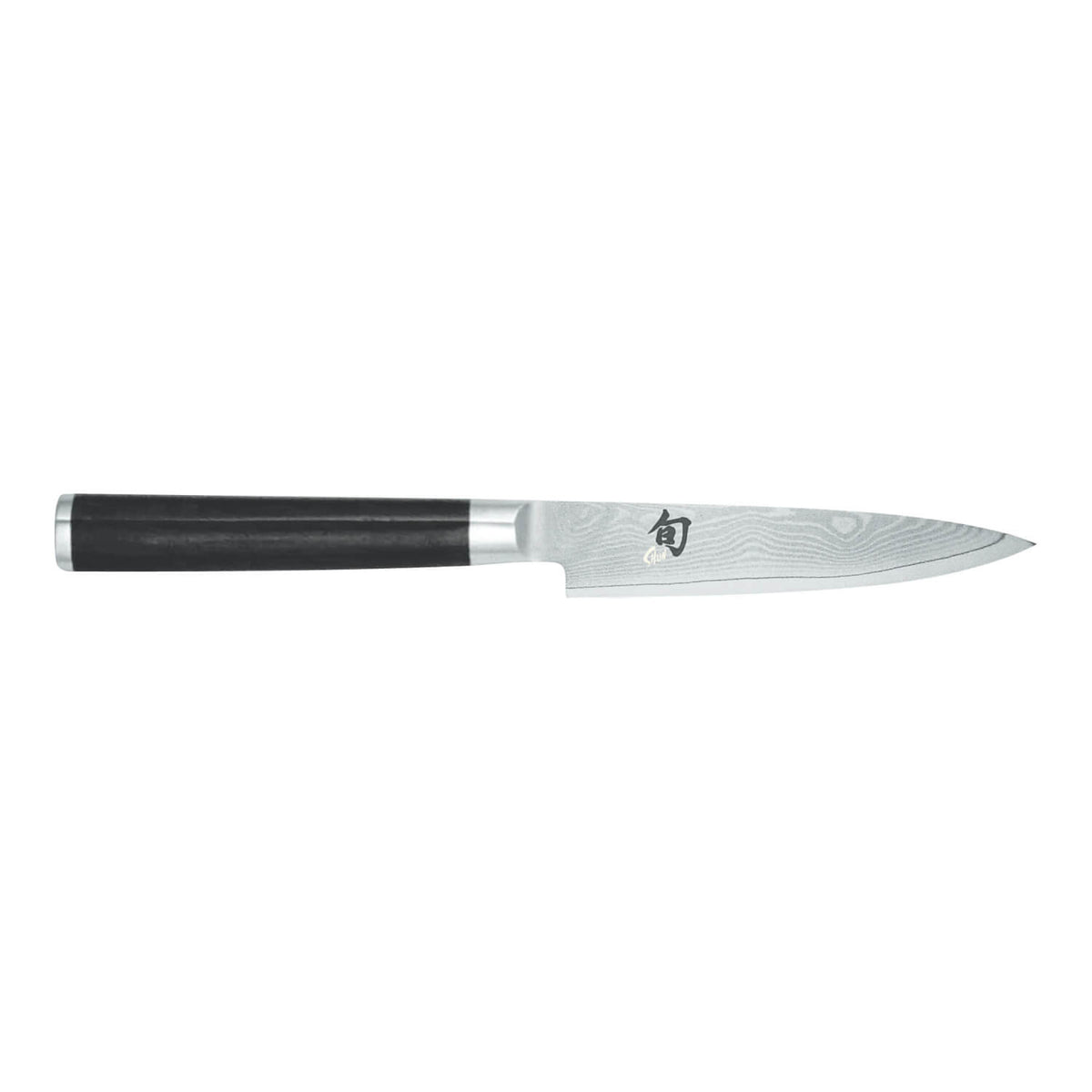 Das KAI Shun Classic Allzweckmesser 10,0 cm von Kai ist ein Schälmesser im japanischen Stil mit einem schwarzen Griff und einer silbernen Klinge mit dezentem Wellenmuster.