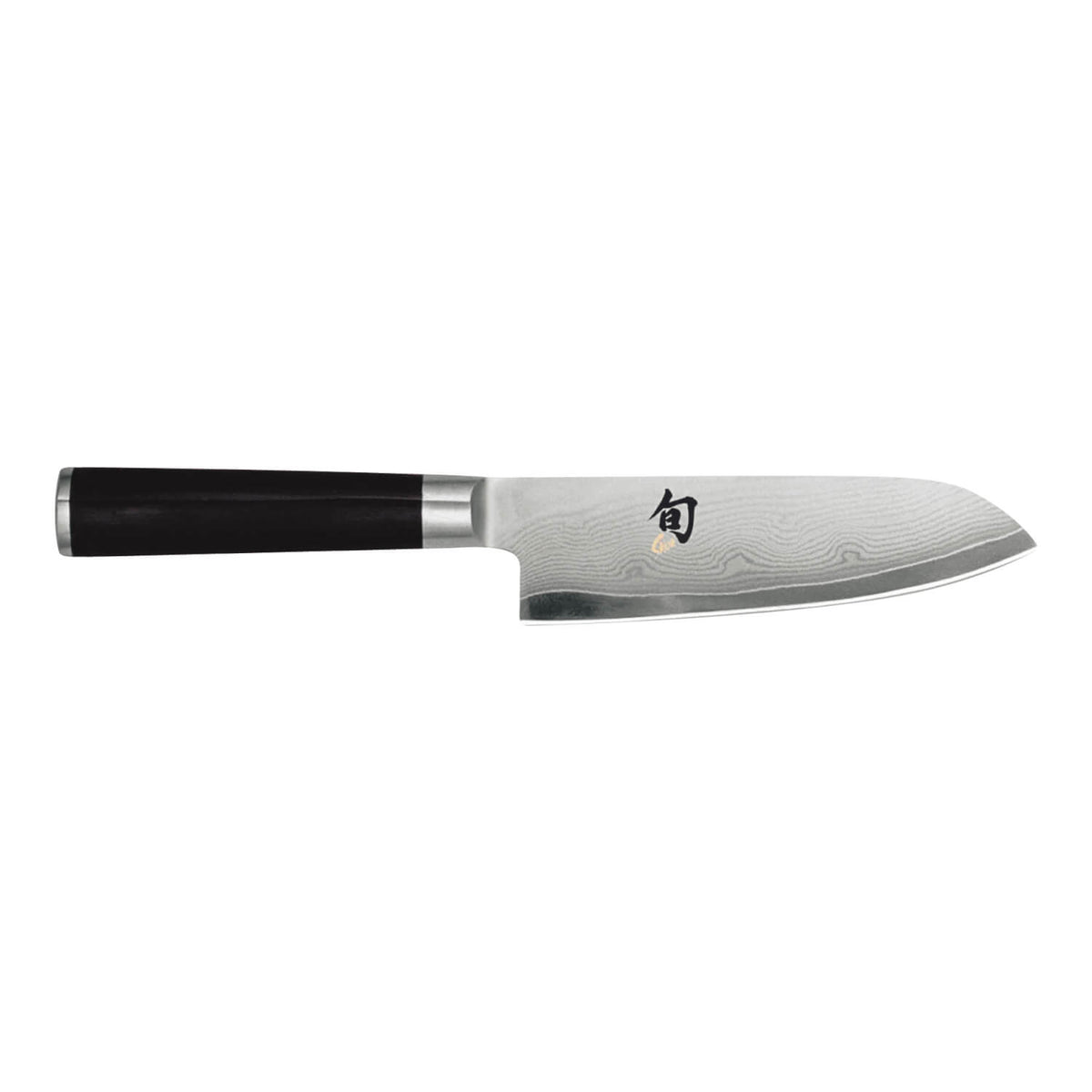Das Kai Shun Classic Kleines Santoku-Messer 14,0 cm hat einen schwarzen Griff und eine Klinge mit Damaszenermuster.