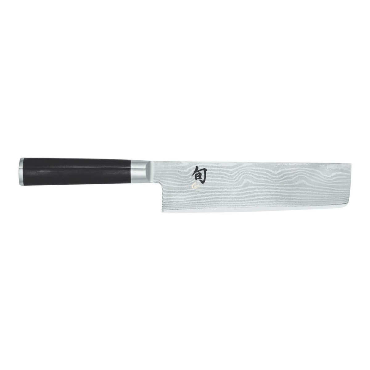 Das KAI Shun Classic Nakiri 16,5 cm von Kai ist ein Messer im japanischen Stil mit dunklem Griff und einer rechteckigen, gemusterten Silberklinge.