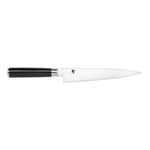 Das KAI Shun Classic Flexibles Filiermesser 18 cm von Kai zeichnet sich durch eine scharfe, silbern glänzende Klinge und einen schwarzen Griff aus, der auf weißem Grund präsentiert wird.