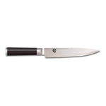 Das Kai Shun Classic Fleischmesser 18,0 cm ist ein Küchenmesser im japanischen Stil mit dunklem Griff und einer langen, scharfen Silberklinge.