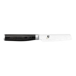Das Kai Shun Premier Tim Mälzer Minamo Serie Officemesser 9,0 cm ist ein Messer im japanischen Stil mit schwarzem Griff und einer gemusterten, geradlinigen Silberklinge.