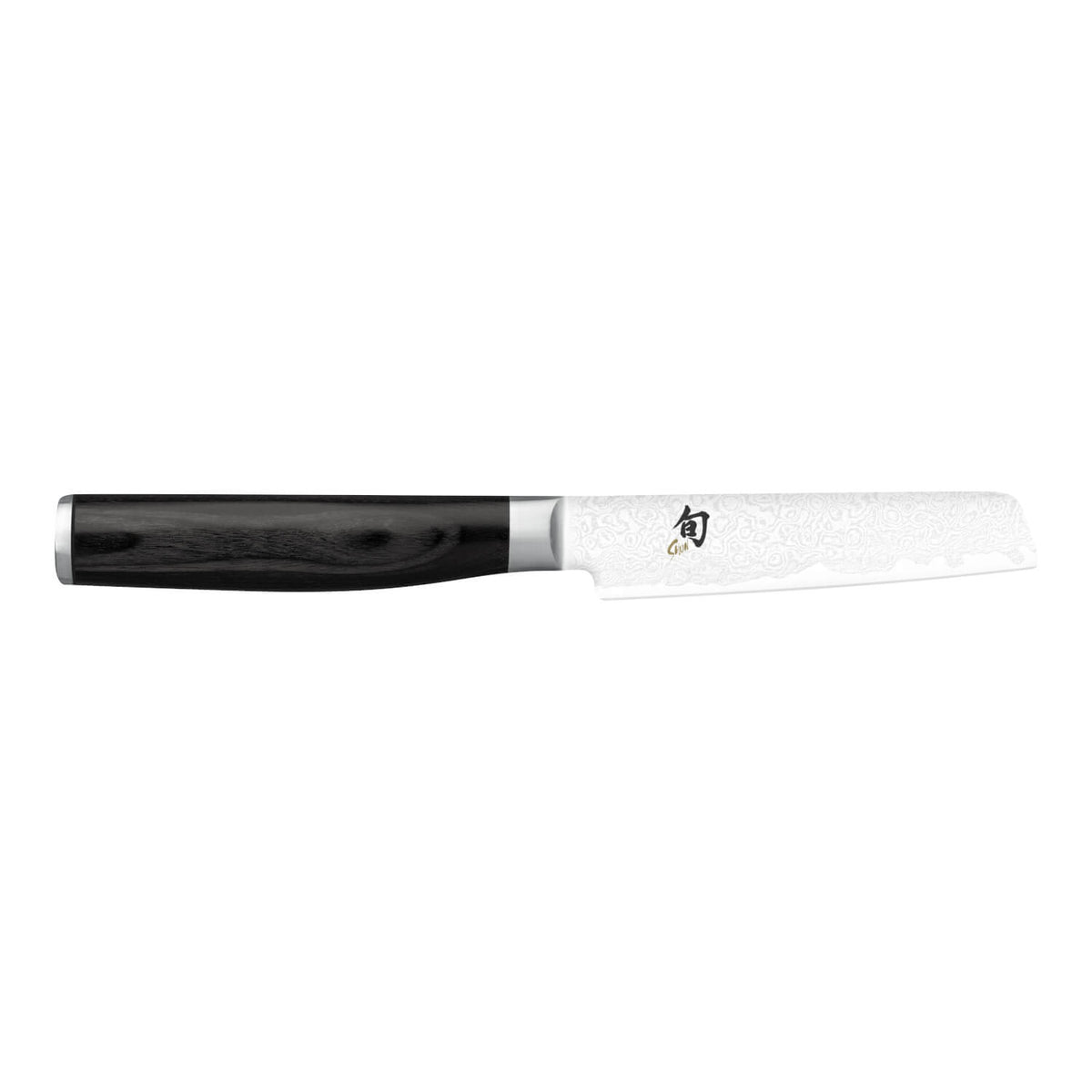 Das Kai Shun Premier Tim Mälzer Minamo Serie Officemesser 9,0 cm ist ein Messer im japanischen Stil mit schwarzem Griff und einer gemusterten, geradlinigen Silberklinge.