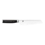 Das Kai Shun Premier Tim Mälzer Minamo Serie Allzweckmesser 15,0 cm hat einen schwarzen Griff und eine gemusterte silberne Klinge, die auf weißem Grund abgebildet ist.