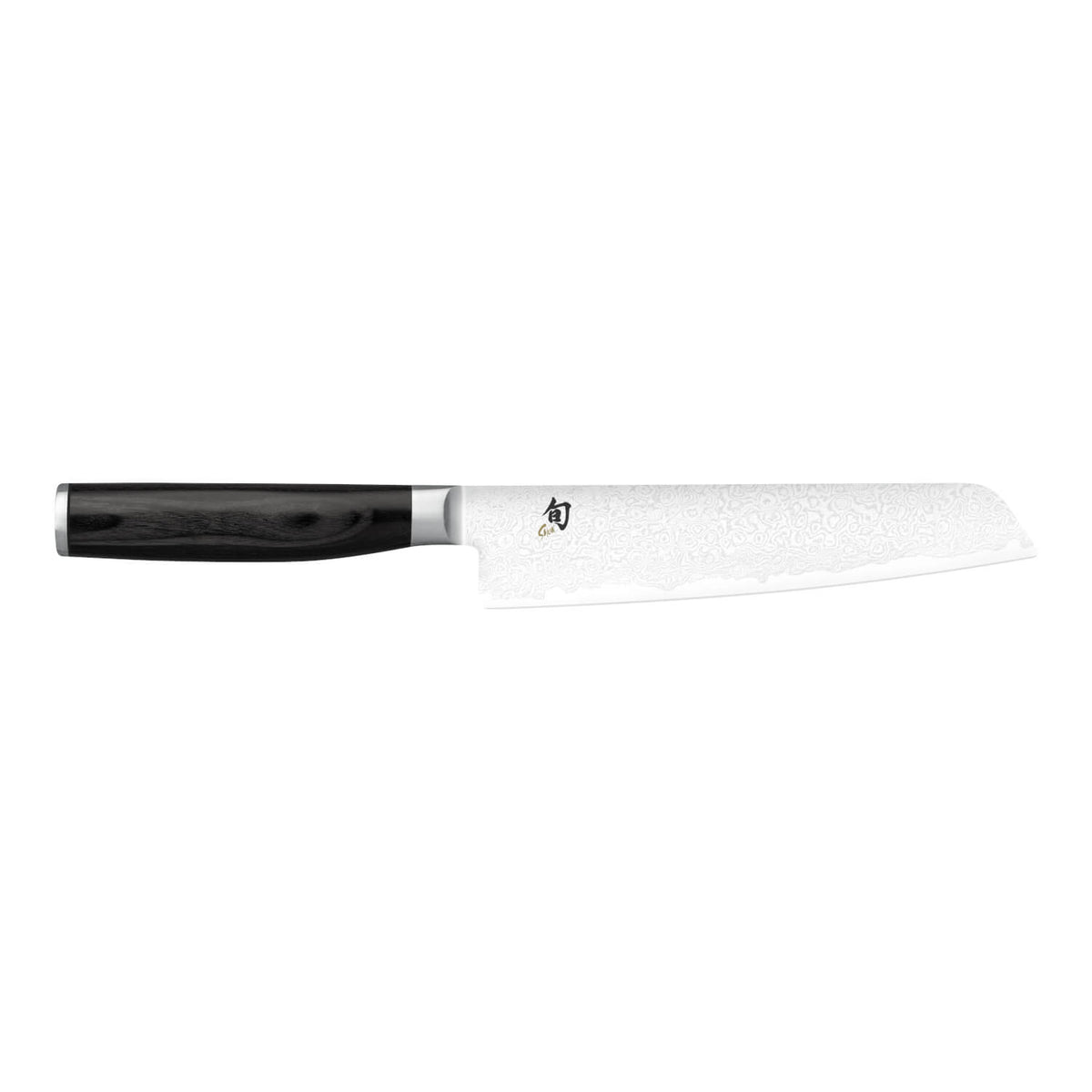 Das Kai Shun Premier Tim Mälzer Minamo Serie Allzweckmesser 15,0 cm hat einen schwarzen Griff und eine gemusterte silberne Klinge, die auf weißem Grund abgebildet ist.