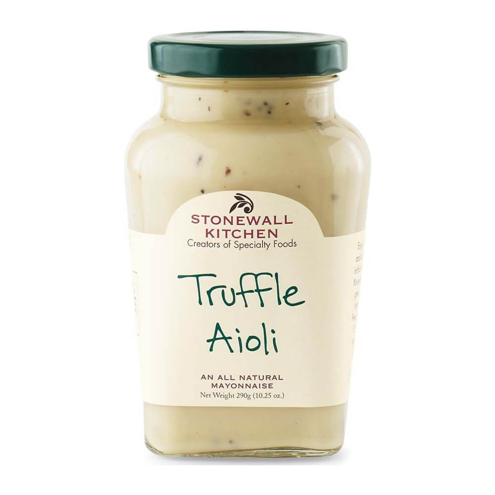 Ein 291g Glas Trüffel Aioli von Stonewall Kitchen mit grünem Deckel und cremefarbenem Etikett.
