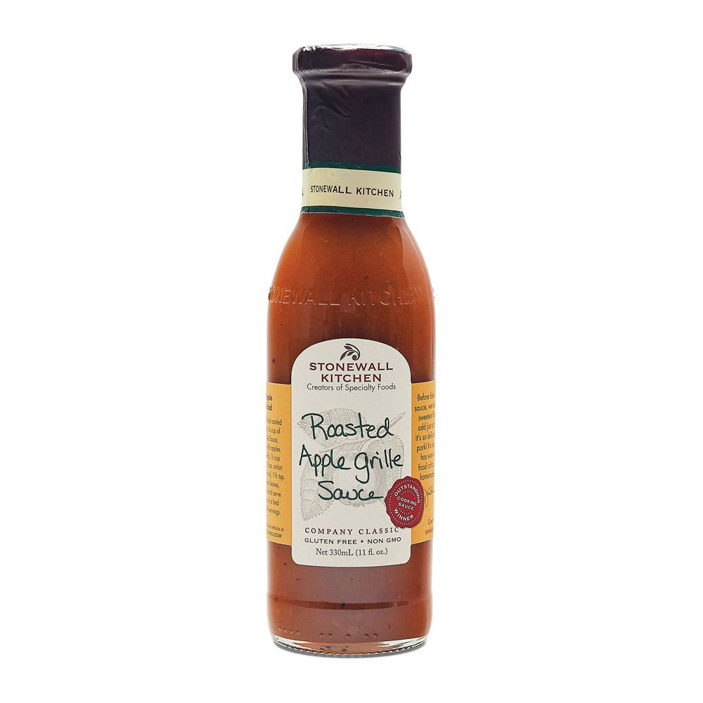 Eine 330-ml-Flasche Stonewall Kitchen Roasted Apple Grille Sauce mit einem hellbraunen und grünen Etikett.