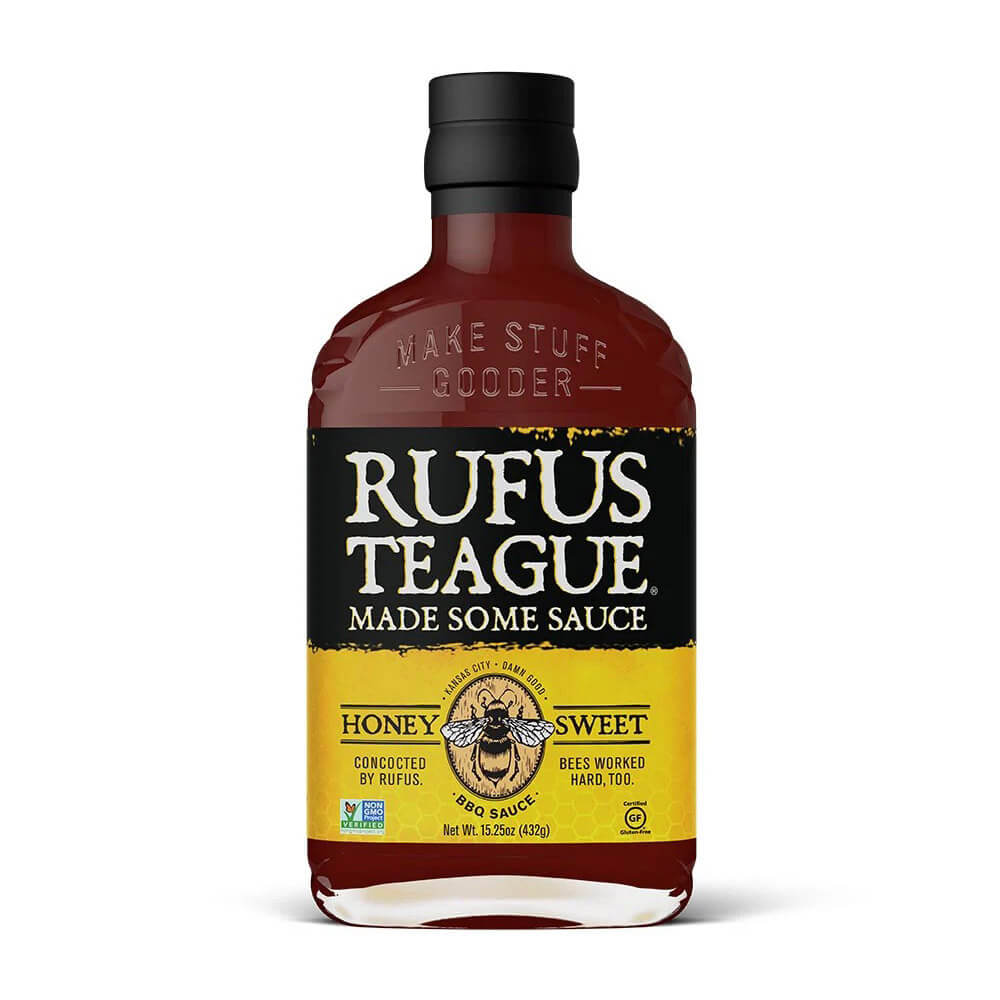 Honey Sweet Sauce von Rufus Teague (432 g) Flasche mit schwarz-gelbem Etikett der Marke Rufus Teague, abgebildet auf weißem Hintergrund.