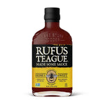Honey Sweet Sauce von Rufus Teague (432 g) Flasche mit schwarz-gelbem Etikett der Marke Rufus Teague, abgebildet auf weißem Hintergrund.