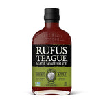 Eine 432 g Flasche Smoky Apple Sauce von Rufus Teague mit einem grünen und schwarzen Etikett.