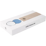 Weiße Schachtel mit der Aufschrift HORL 1993 enthält das HORL 3 Premiumschärfe Paket mit 2 Schleifscheiben (eine blau, eine weiß) und Abziehleder.