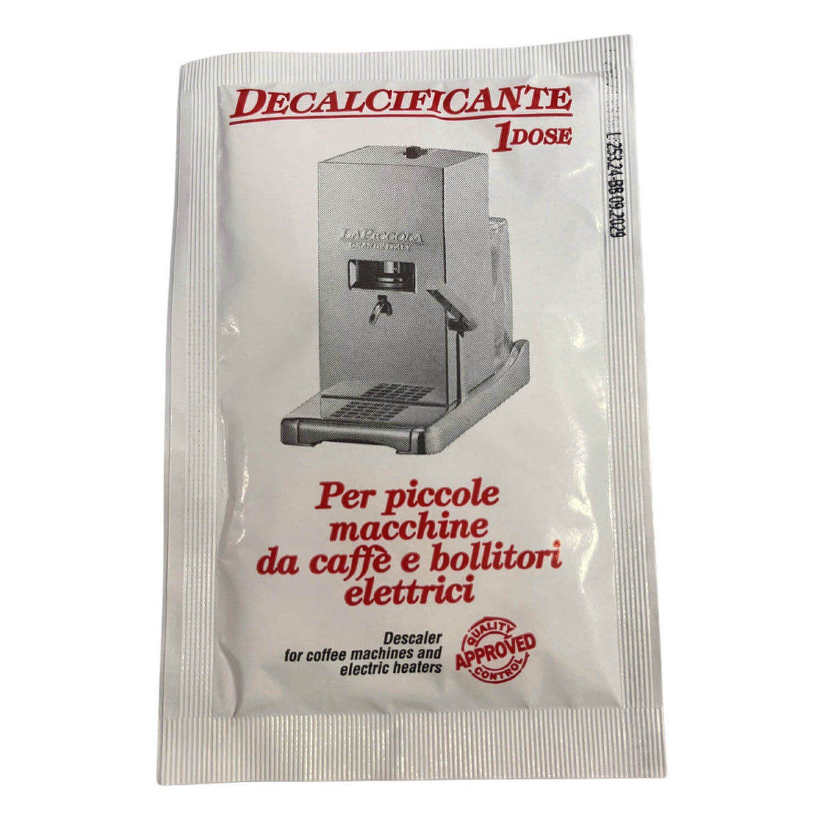 30 g Entkalker für La Piccola-Kaffeemaschinen in Einzeldosen, mit italienischem Text und Abbildung einer Kaffeemaschine. Marke: La Piccola.