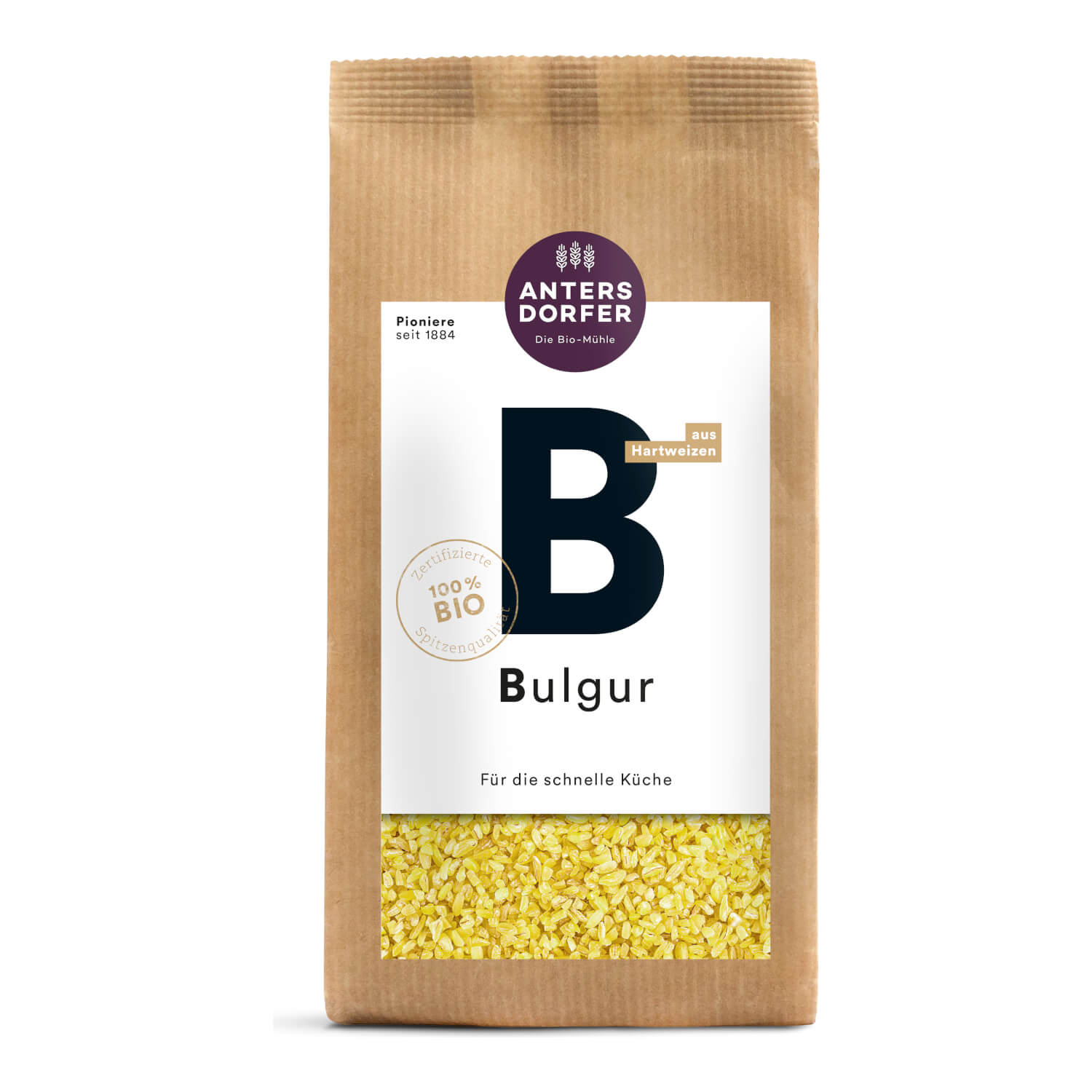 Der braune 500-g-Beutel Antersdorfer Mühle Bio Bulgur hat ein Sichtfenster, in dem die gelben Körner sichtbar sind.