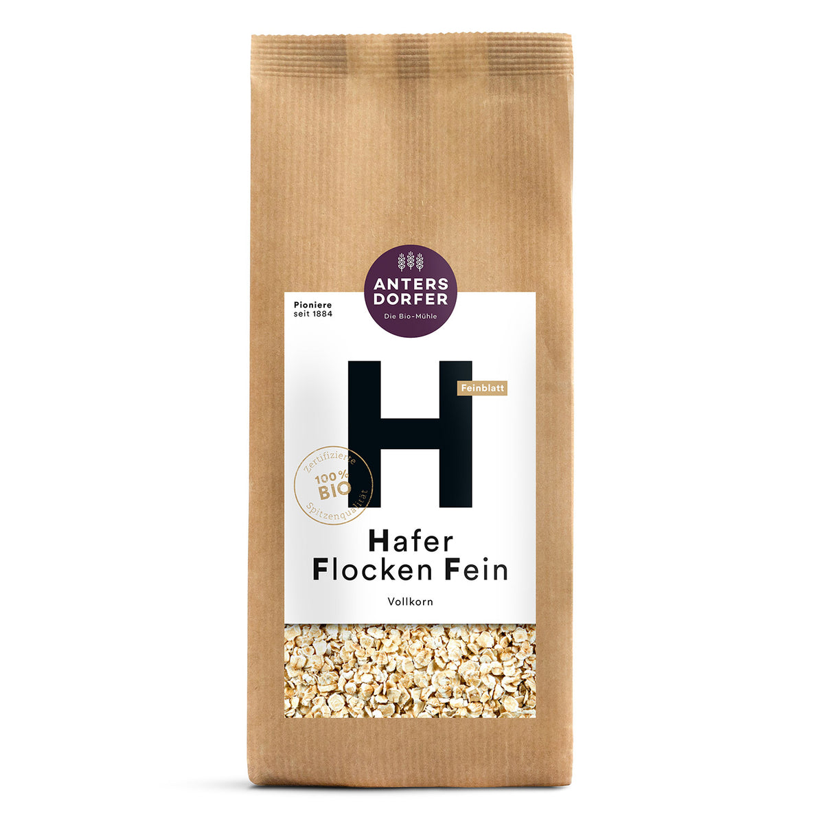 Braune Papierverpackung von Antersdorfer Mühle Bio Hafer Flocken Fein Vollkornhafer, 500 g, mit sichtbarem Haferboden.