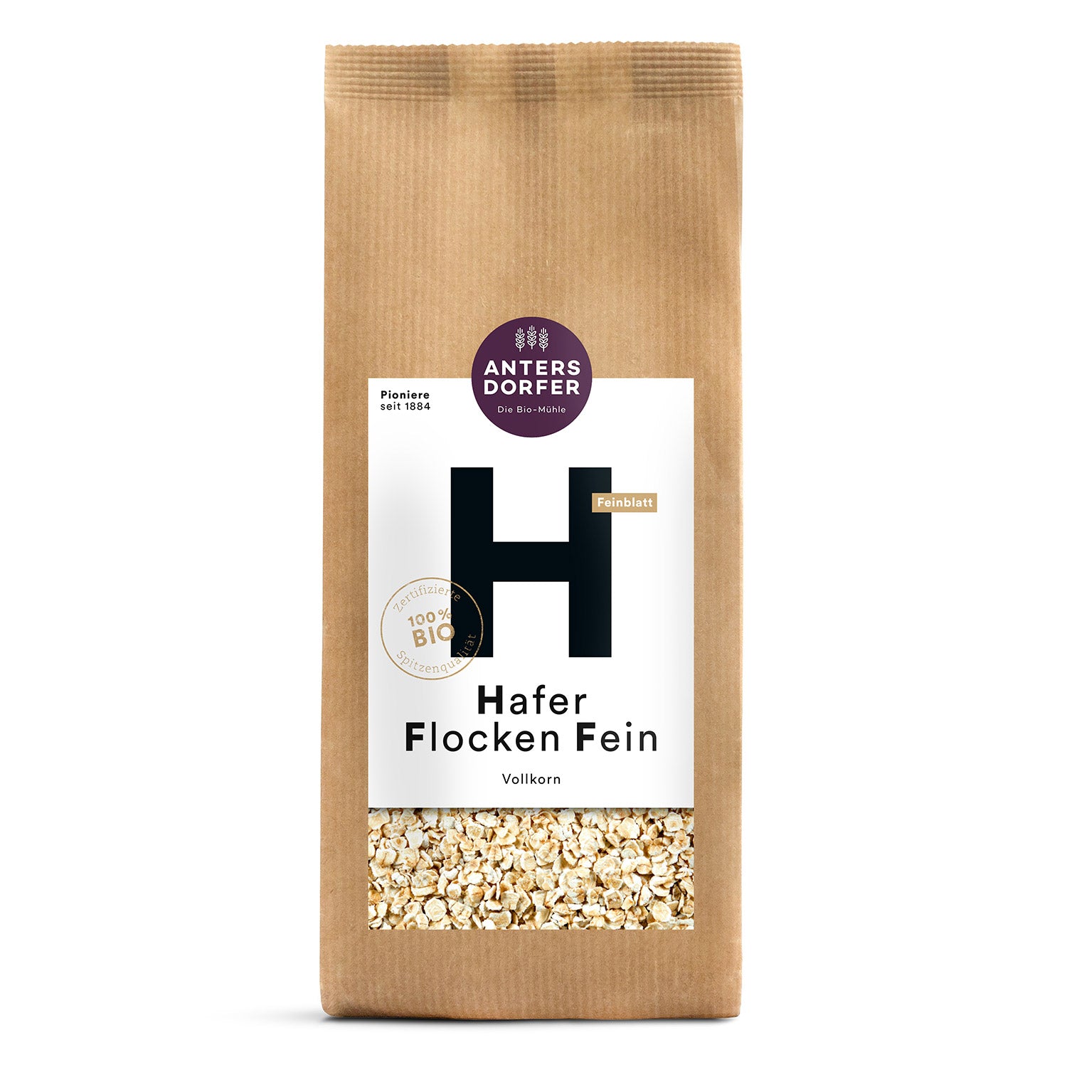 Braune Papierverpackung von Antersdorfer Mühle Bio Hafer Flocken Fein Vollkornhafer, 500 g, mit sichtbarem Haferboden.