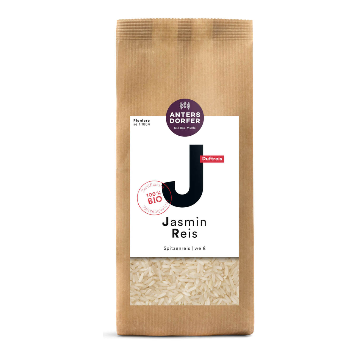 Eine braune Papiertüte Antersdorfer Mühle Bio Jasmin Reis weiß, 500 g, mit einem Klarsichtfenster, das den weißen Reis im Inneren zeigt.