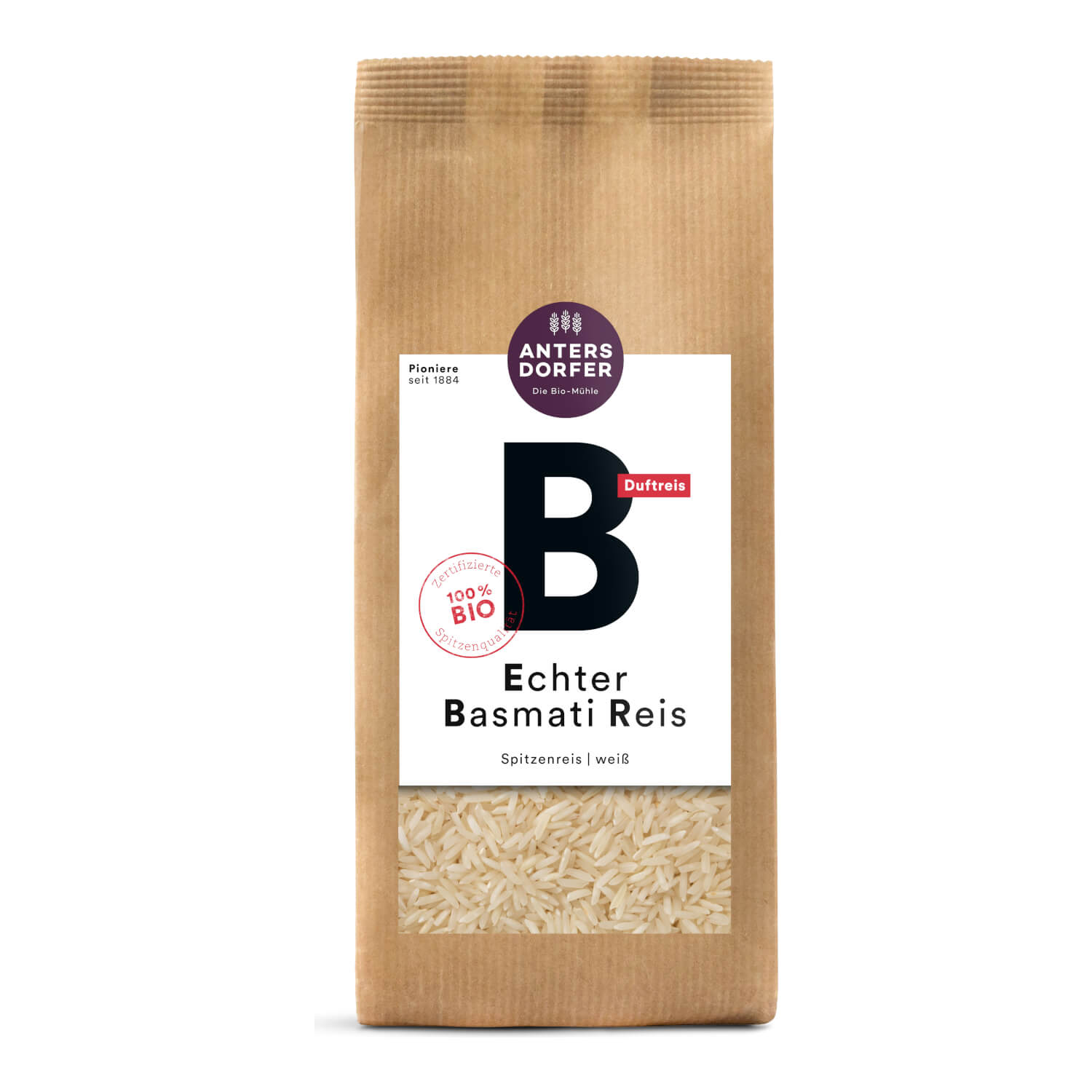 Eine braune Papiertüte mit 500 g Echter Basmati Reis weiß der Antersdorfer Mühle mit einem Sichtfenster, das den weißen Basmati-Reis zeigt.