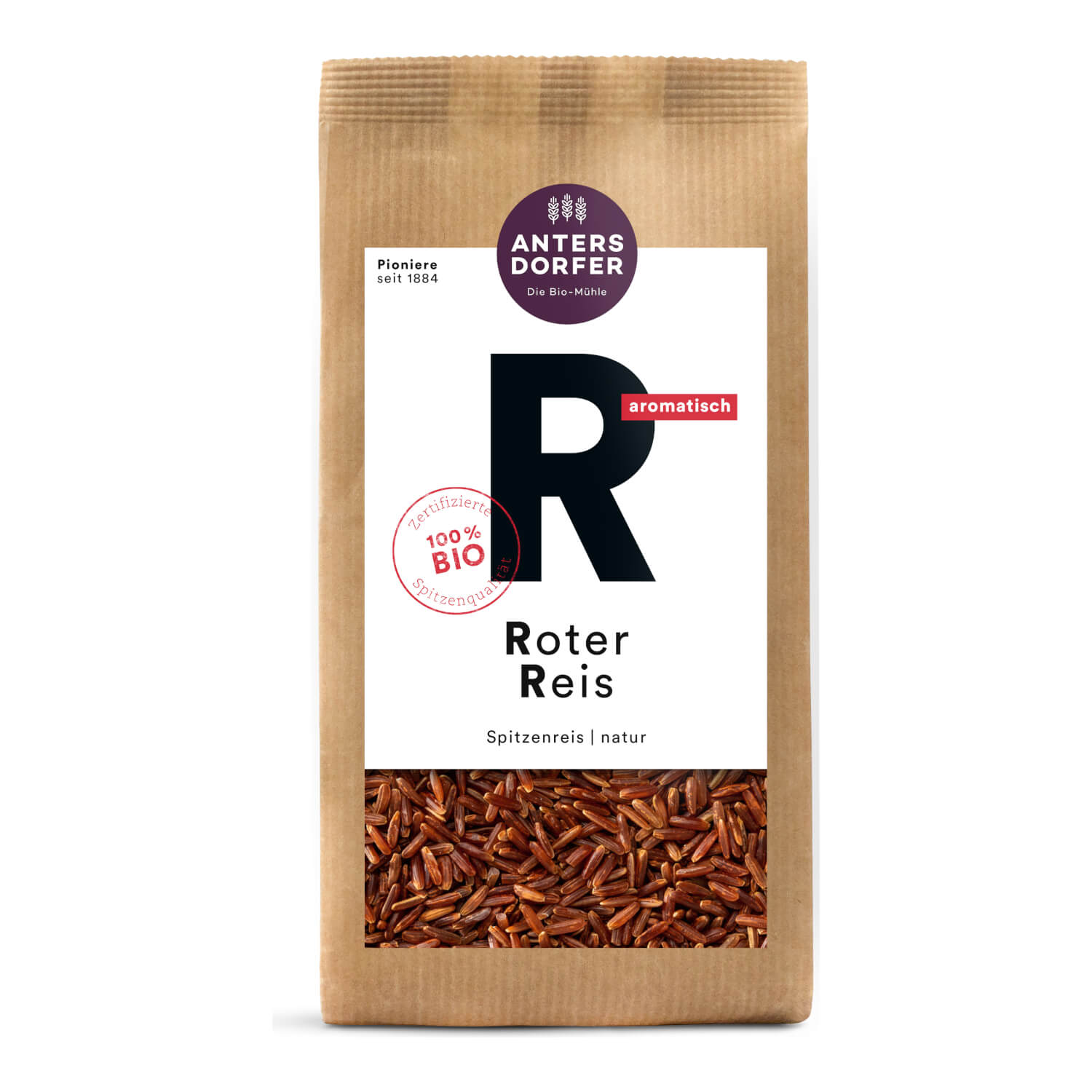Die braune Papiertüte Bio Roter Reis natur von Antersdorfer Mühle, 250 g, hat ein Klarsichtfenster, auf dem die Körner des roten Bio-Reises zu sehen sind.