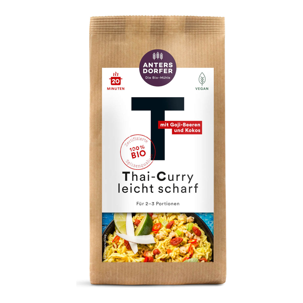Eine braune Papierverpackung von Antersdorfer Mühle Bio Thai Curry leicht scharf (150 g), vegan und mild gewürzt, mit Abbildung eines Reisgerichts.