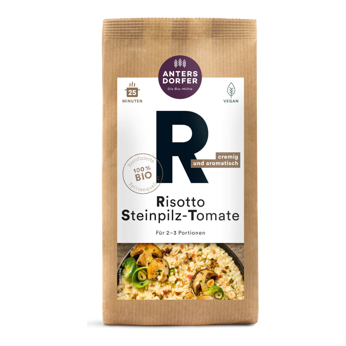 Eine 150g-Packung Antersdorfer Mühle Bio Risotto Steinpilz-Tomate, für 2-3 Portionen.