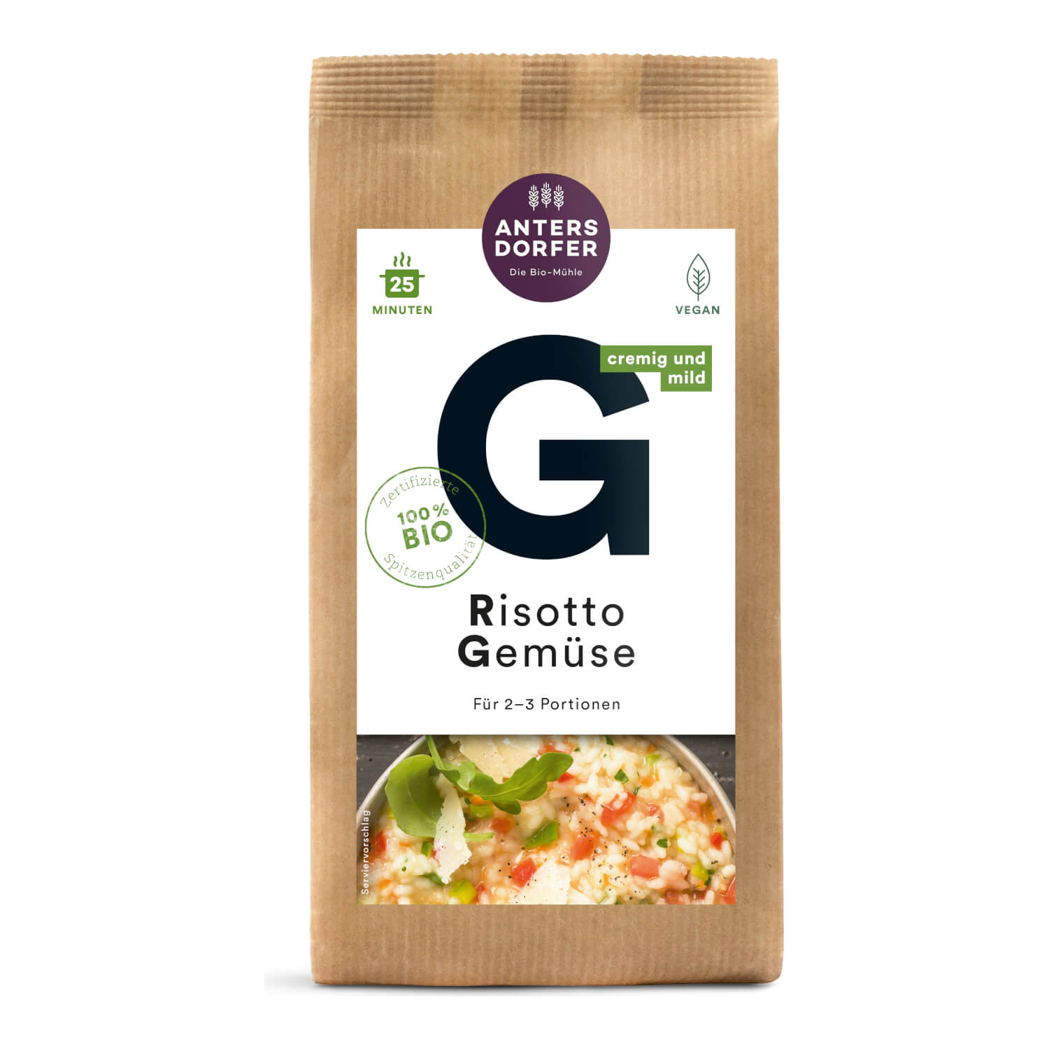 Eine braune Tüte Antersdorfer Mühle Bio Risotto Gemüse, 150 g, auf deren Etikett eine Schale mit Gemüserisotto abgebildet ist.