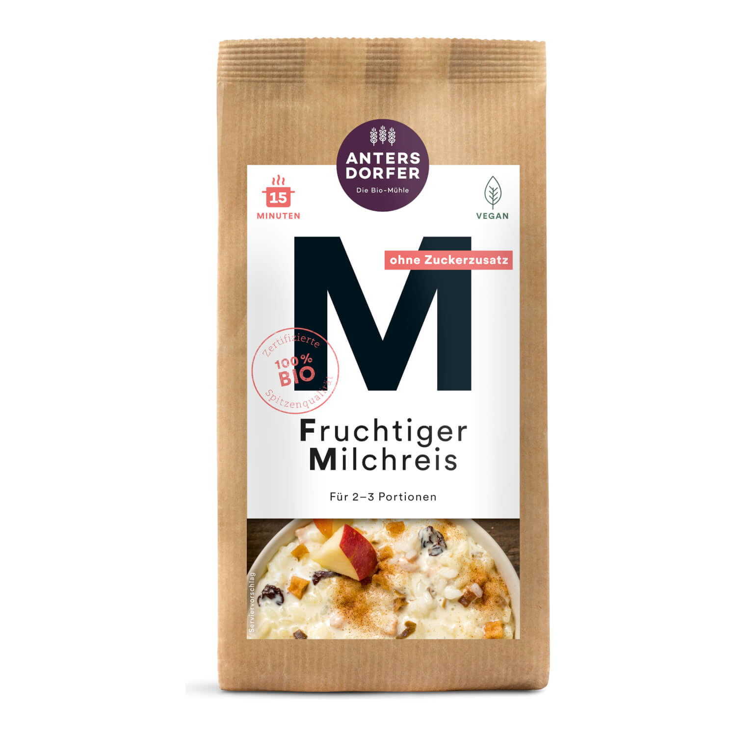 Braune Papierverpackung der Antersdorfer Mühle Bio Fruchtiger Milchreis, 150 g, mit einem Foto des Milchreises sowie den Etiketten vegan und bio.
