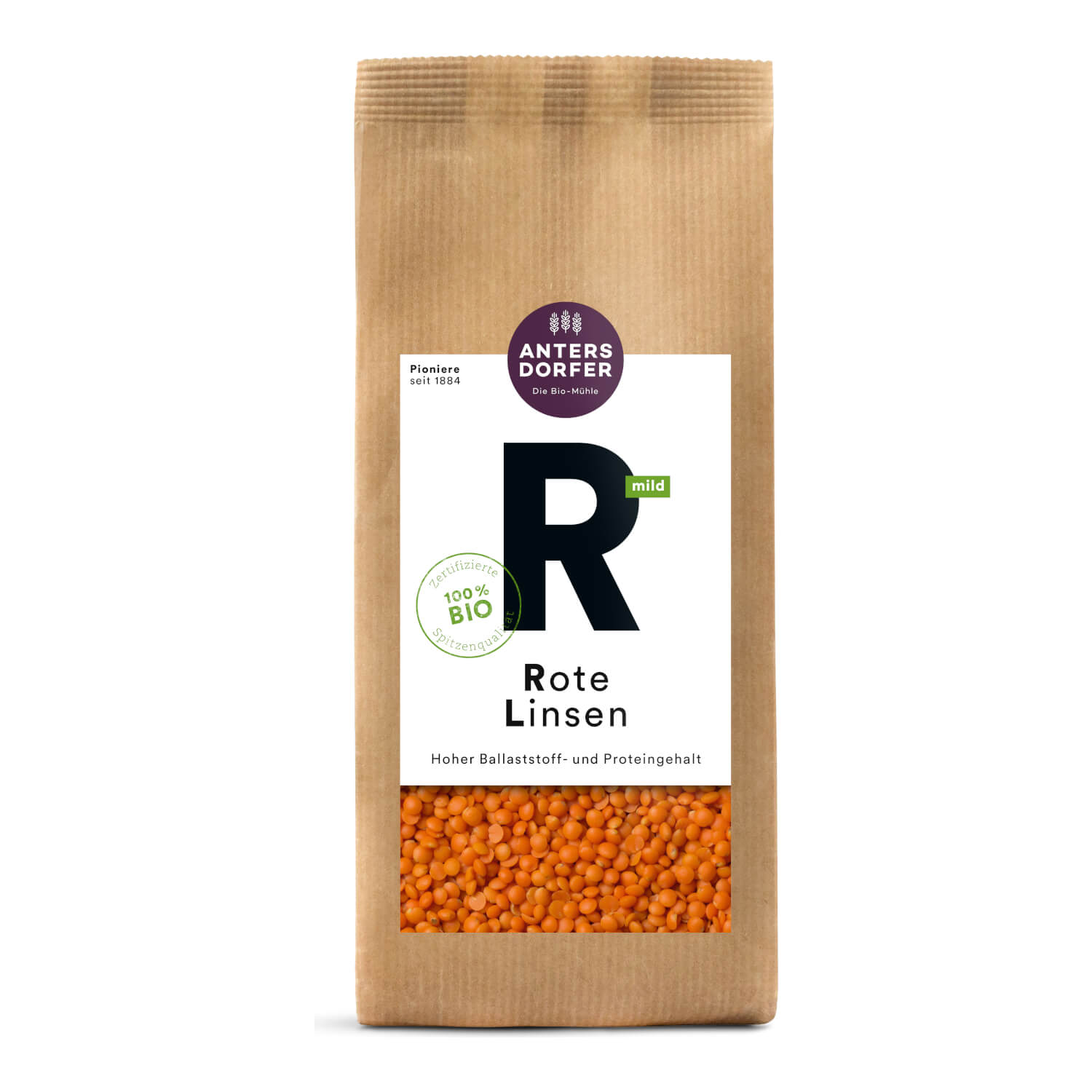 Eine braune Papiertüte mit 500 g Bio Rote Linsen der Antersdorfer Mühle mit einem Sichtfenster, auf dem die roten Linsen zu sehen sind.