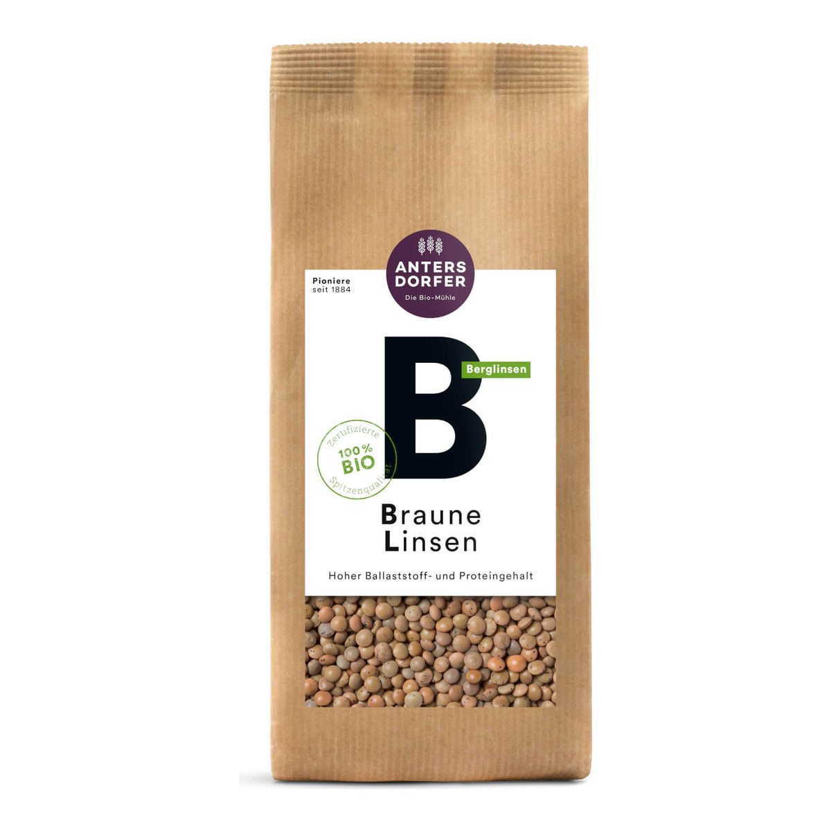 Auf der braunen Papierverpackung der Bio Braune Linsen von Antersdorfer Mühle, 500 g, befindet sich ein Sichtfenster, auf dem die braunen Bio-Linsen zu sehen sind.