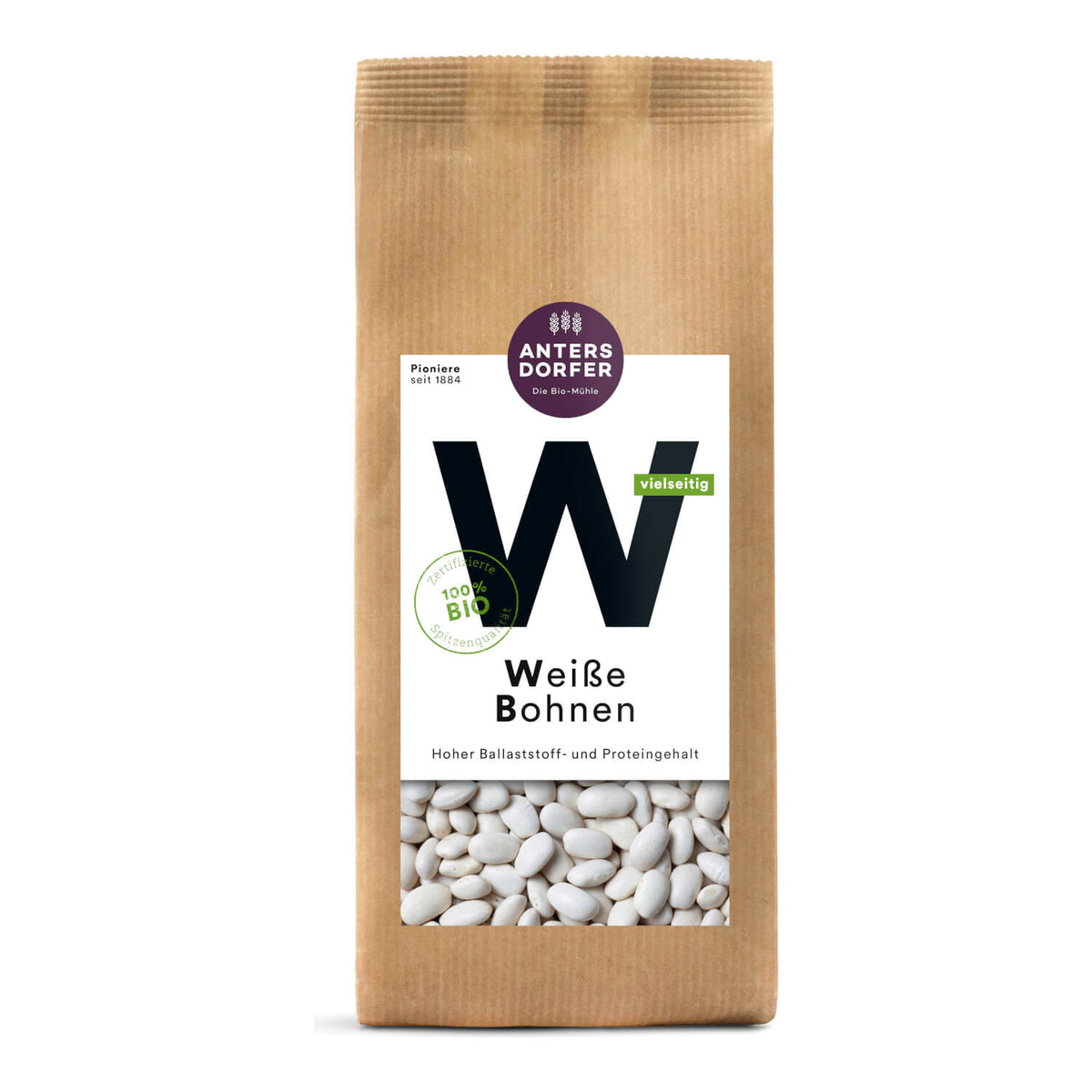 Eine braune Papiertüte Bio Weiße Bohnen von Antersdorfer Mühle, 500 g, mit einem Sichtfenster, auf dem die Bohnen zu sehen sind.