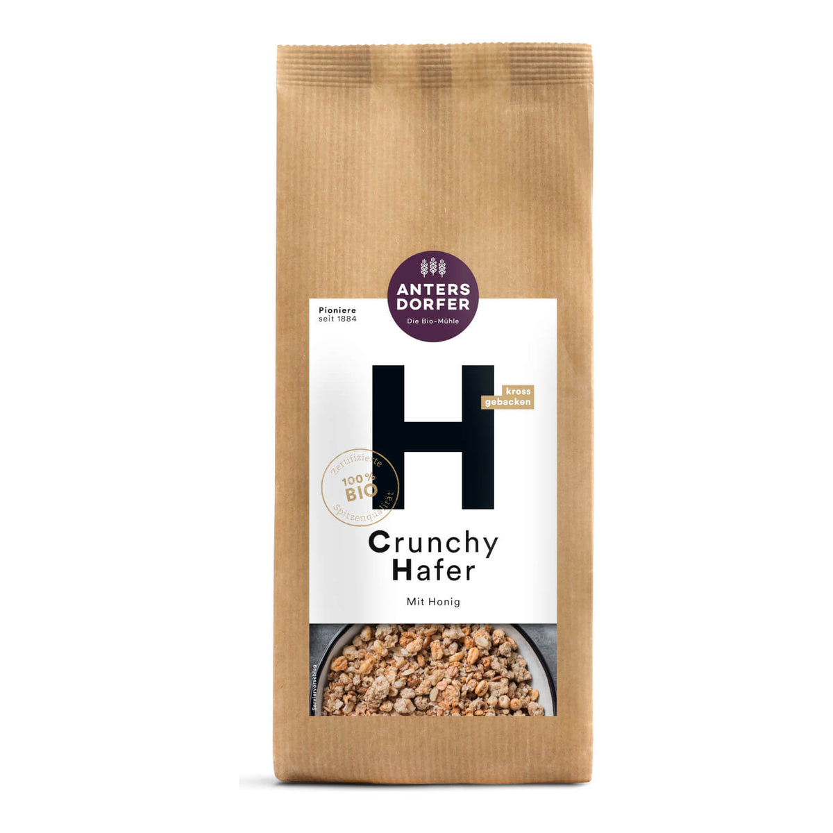 Braune Papiertüte Bio Crunchy Hafer mit Honig von Antersdorfer Mühle, 375 g, mit einer Abbildung von Müsli am Boden.