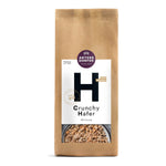 Braune Papiertüte Bio Crunchy Hafer mit Honig von Antersdorfer Mühle, 375 g, mit einer Abbildung von Müsli am Boden.