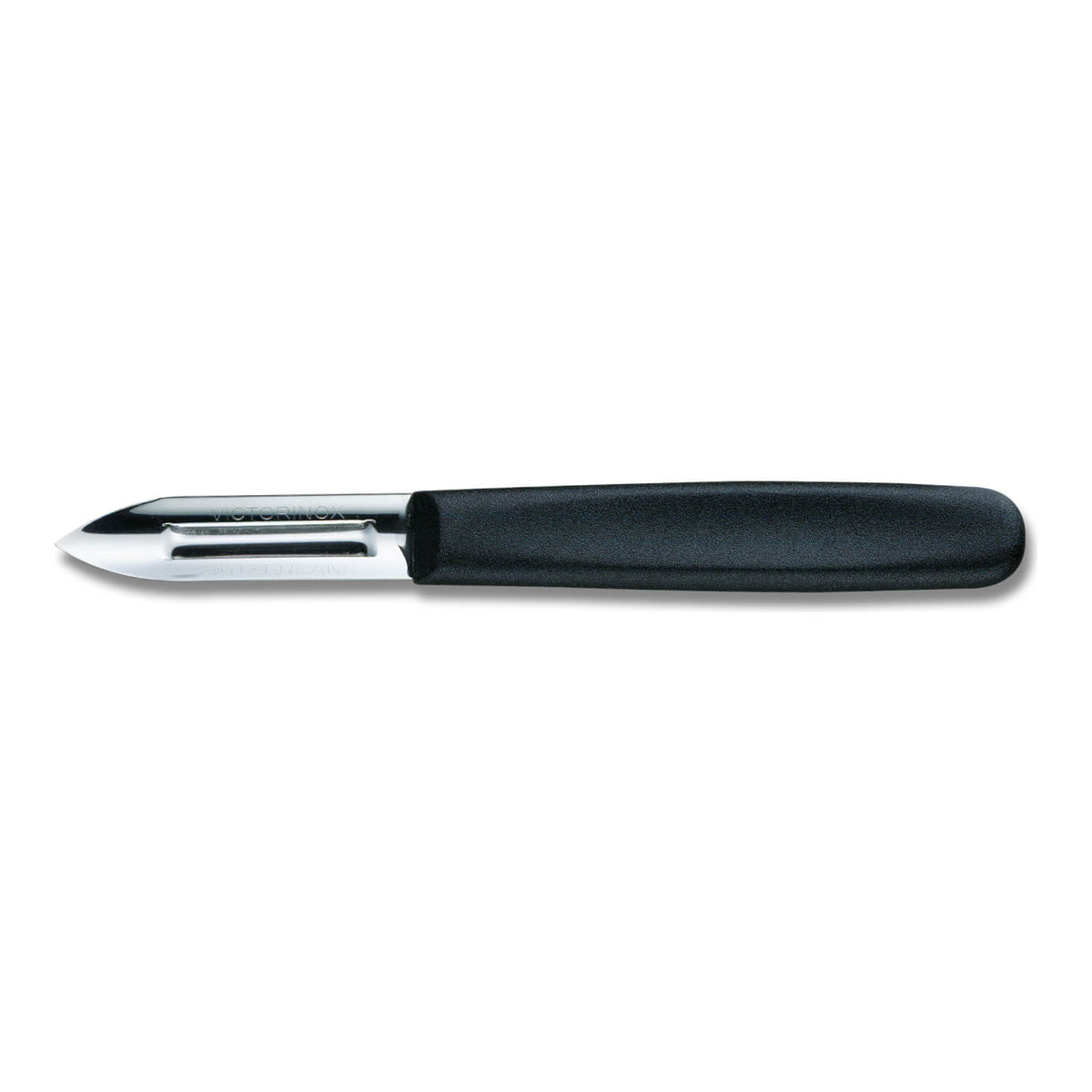 Der Victorinox Sparschäler aus Kunststoff, schwarz von Victorinox ist ein Gemüseschäler mit schwarzem Griff, der auf weißem Hintergrund abgebildet ist.