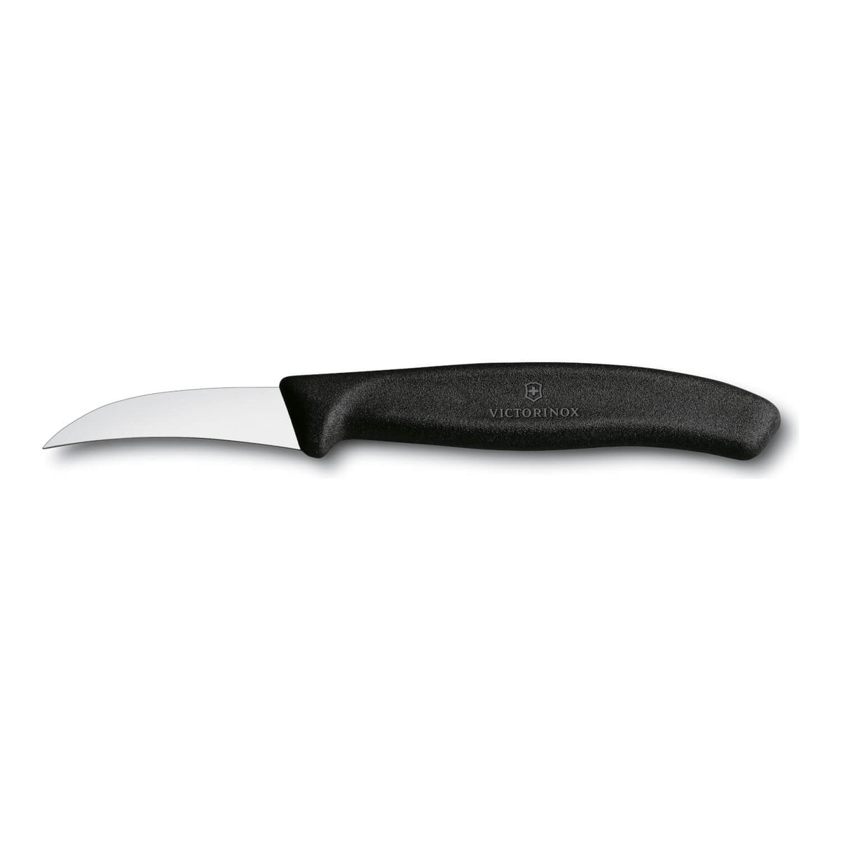 Das Victorinox Tourniermesser Swiss Classic ist ein kleines Schälmesser mit einer 6 cm langen, gebogenen Klinge und schwarzem Griff, abgebildet auf weißem Hintergrund.