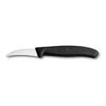 Das Victorinox Tourniermesser Swiss Classic ist ein kleines Schälmesser mit einer 6 cm langen, gebogenen Klinge und schwarzem Griff, abgebildet auf weißem Hintergrund.